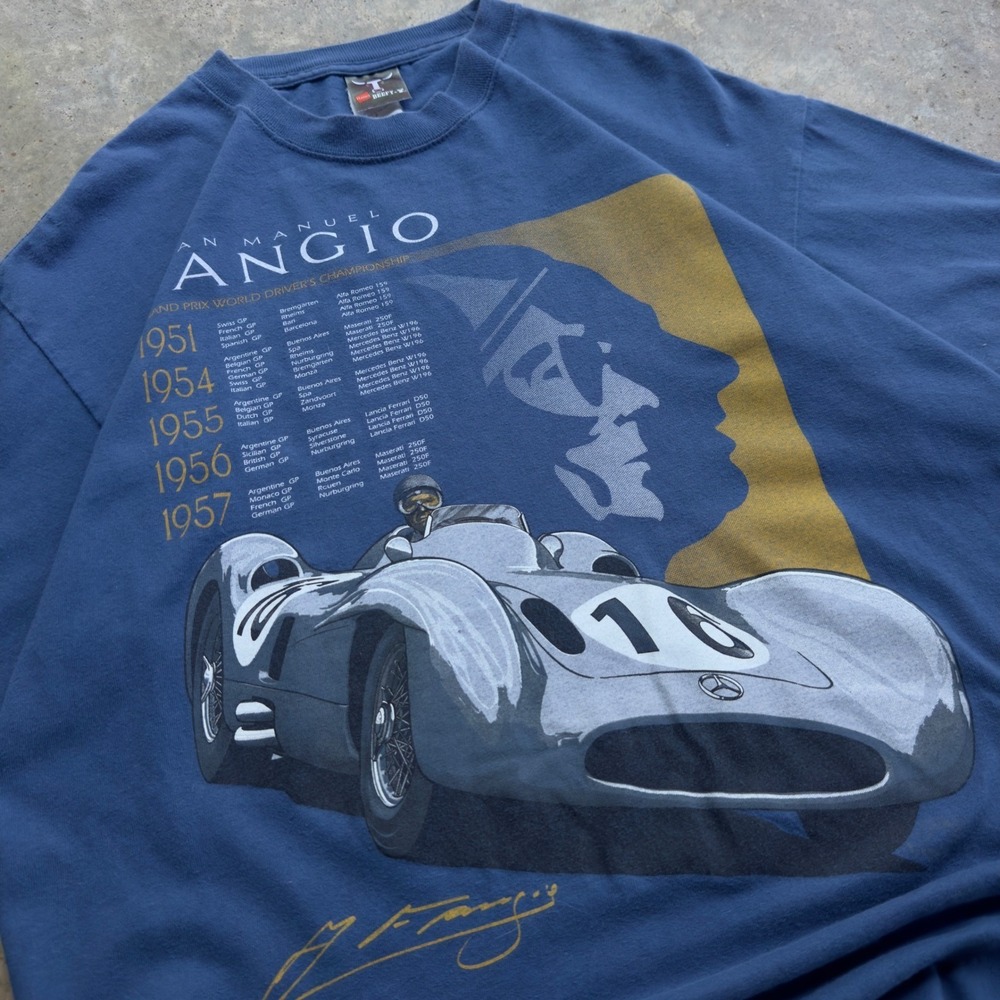 Vintage 90s Hanes Juan Manuel Fangio F1 Racing Graphic Tee Blue Large (d12 sku)